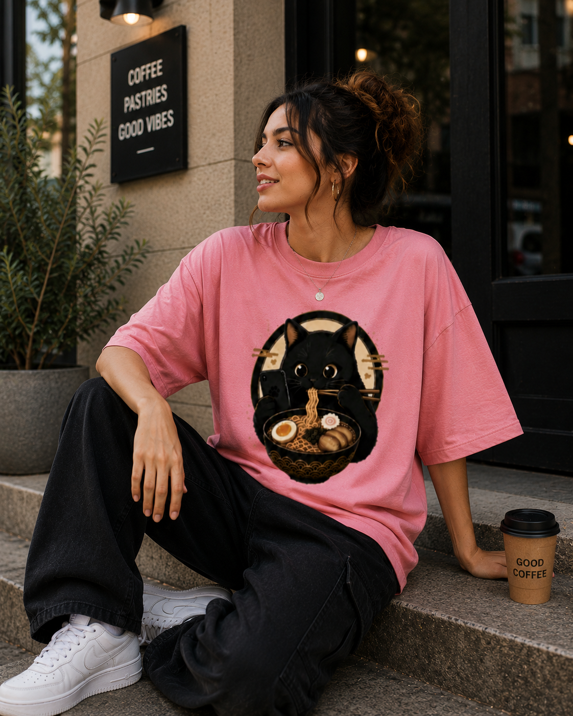 "Cat is Eating Ramen" - Premium Unisex Terry Oversized Tee