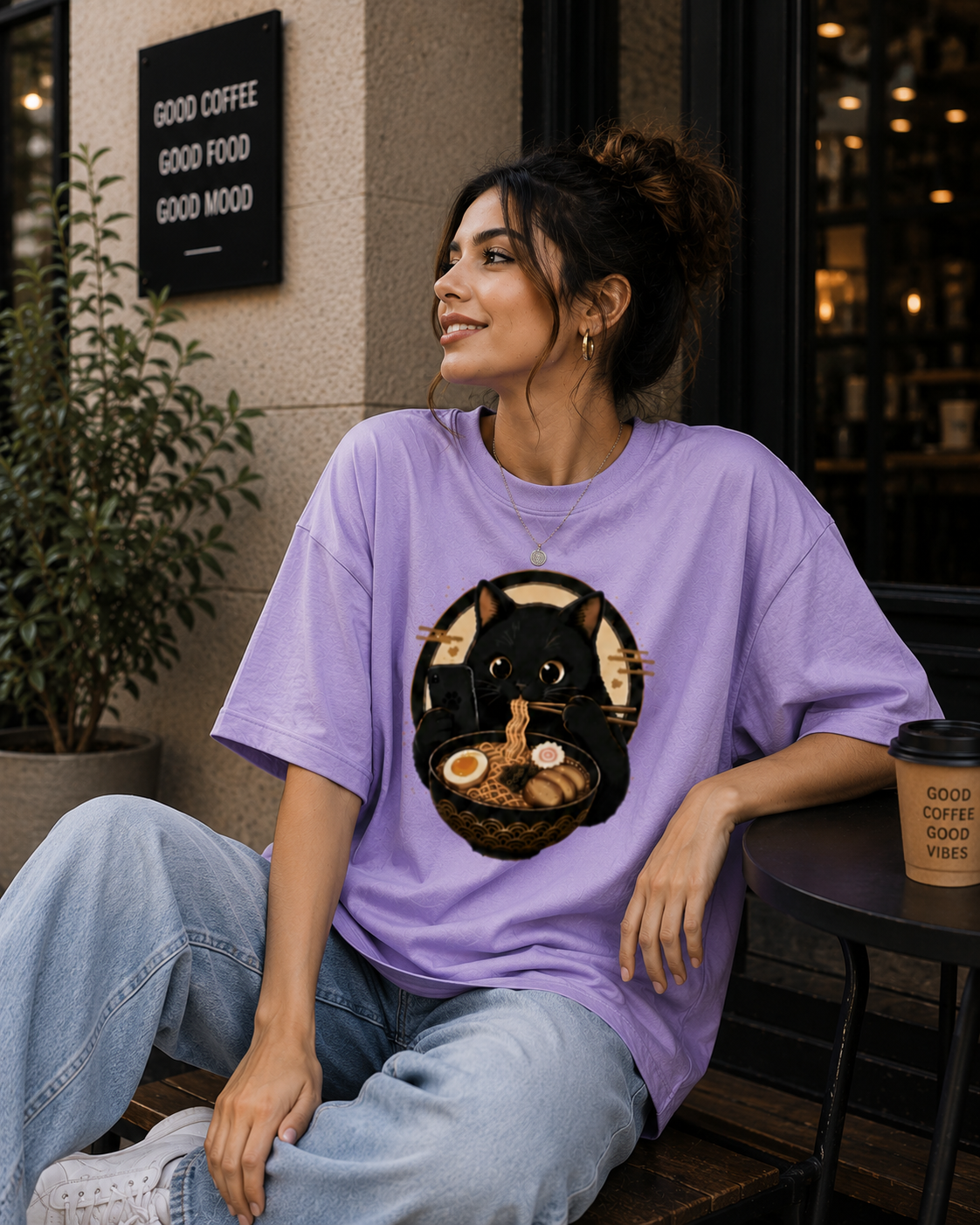 "Cat is Eating Ramen" - Premium Unisex Terry Oversized Tee