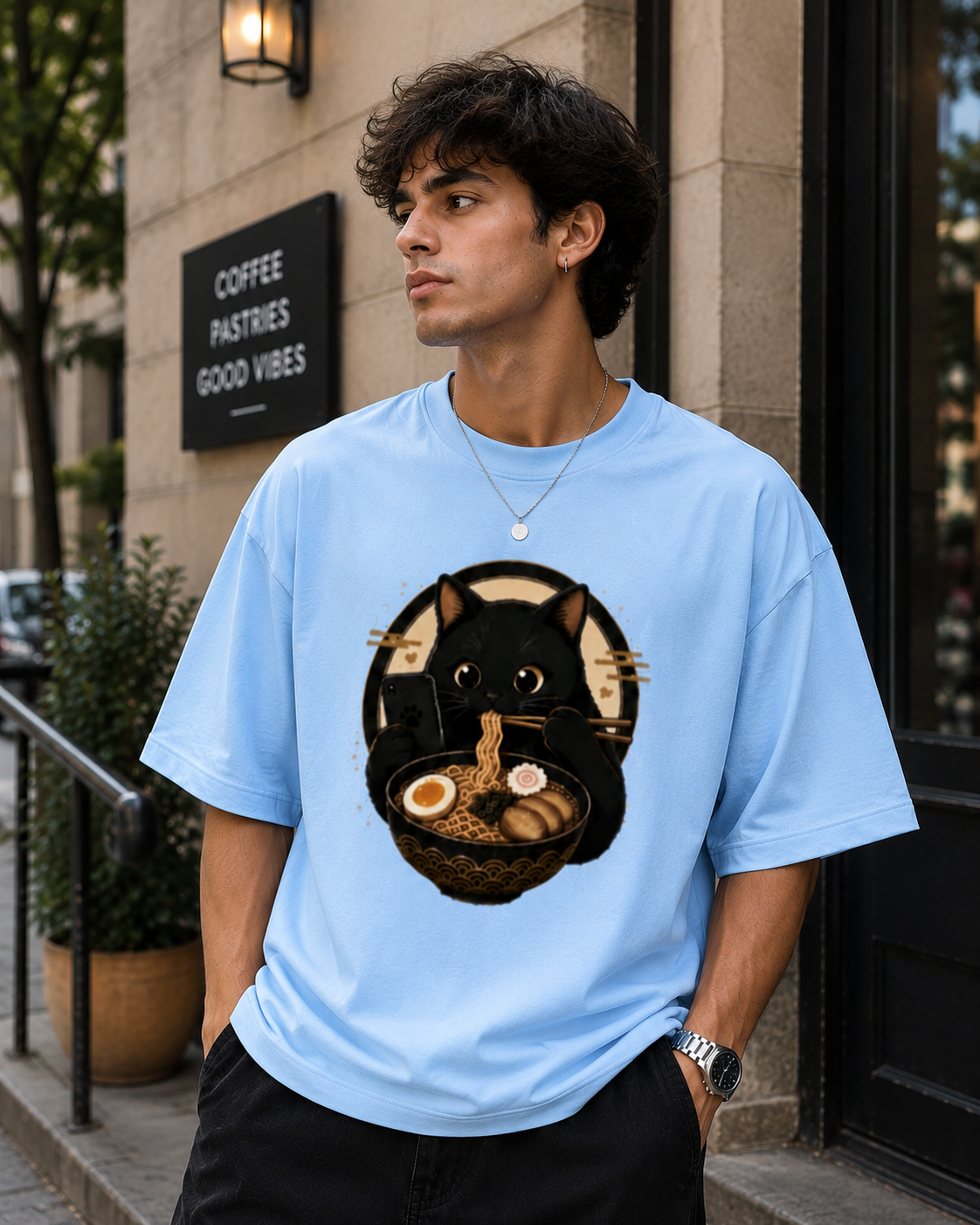 "Cat is Eating Ramen" - Premium Unisex Terry Oversized Tee