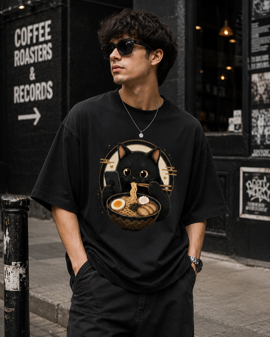 "Cat is Eating Ramen" - Premium Unisex Terry Oversized Tee