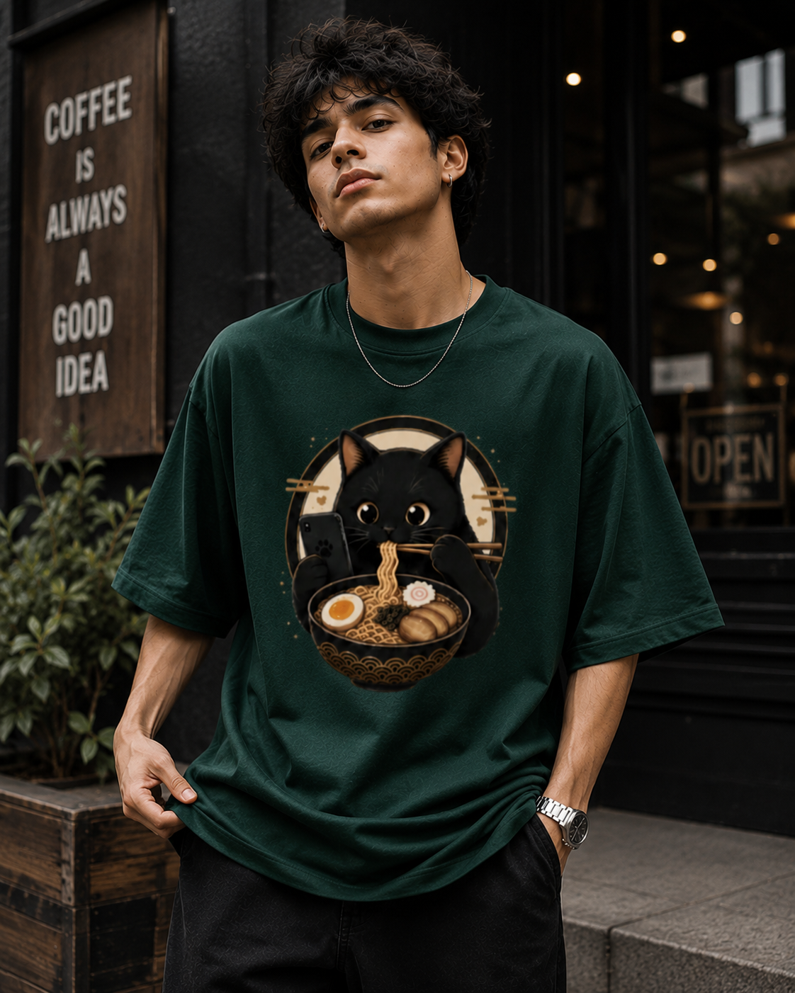 "Cat is Eating Ramen" - Premium Unisex Terry Oversized Tee