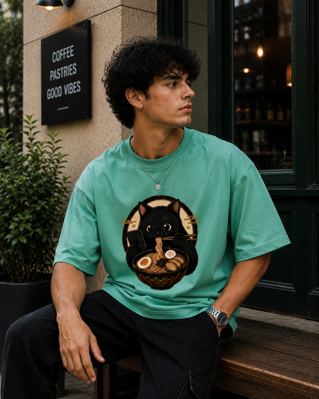 "Cat is Eating Ramen" - Premium Unisex Terry Oversized Tee