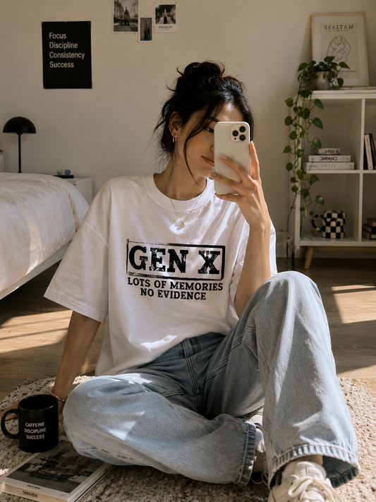 “GEN X – Lots of Memories, No Evidence” Unisex Terry Oversized Tee