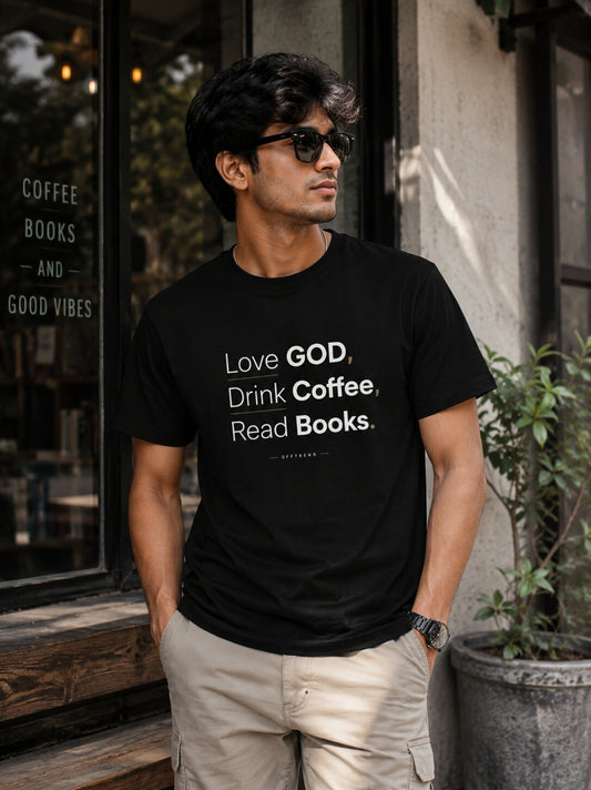 "Love GOD, Drink Coffee, Read Books" - Unisex Stretch T-shirt